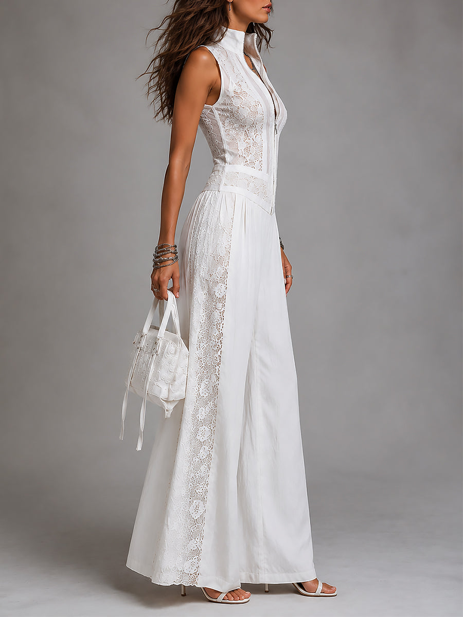 Wren | Ivory Lace-Trim Wide-Leg Jumpsuit