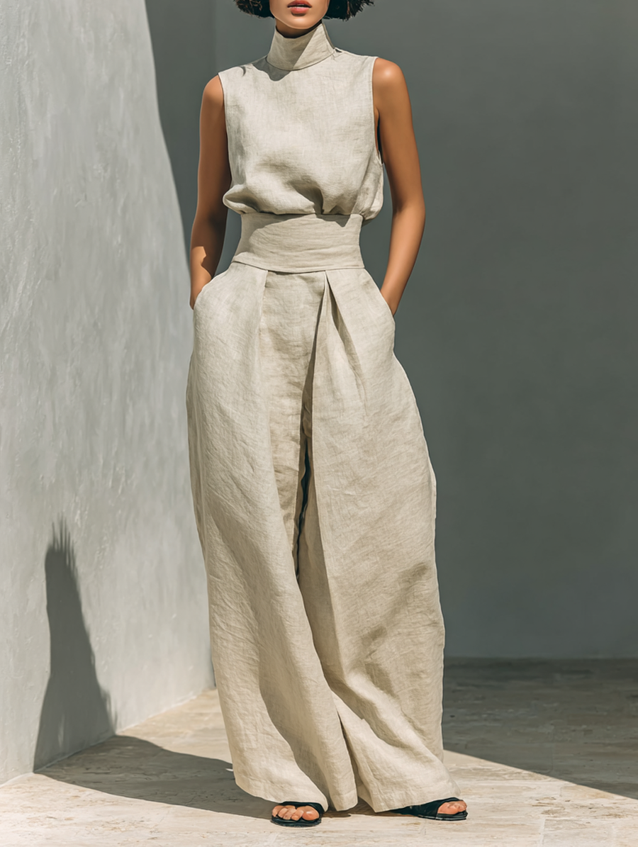 Maria | Linen Set with High-Neck Top and Wide-Leg Trousers