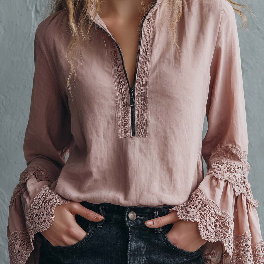 Vintage Zipper Collar Lace Cuffs Long Sleeve Blouse