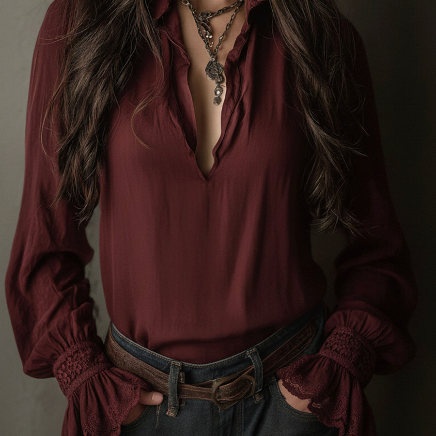 Boho V-Neck Deep Wine Red Blouse With Lace Cuffs