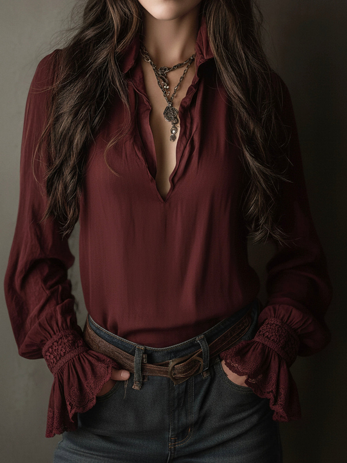 Boho V-Neck Deep Wine Red Blouse With Lace Cuffs