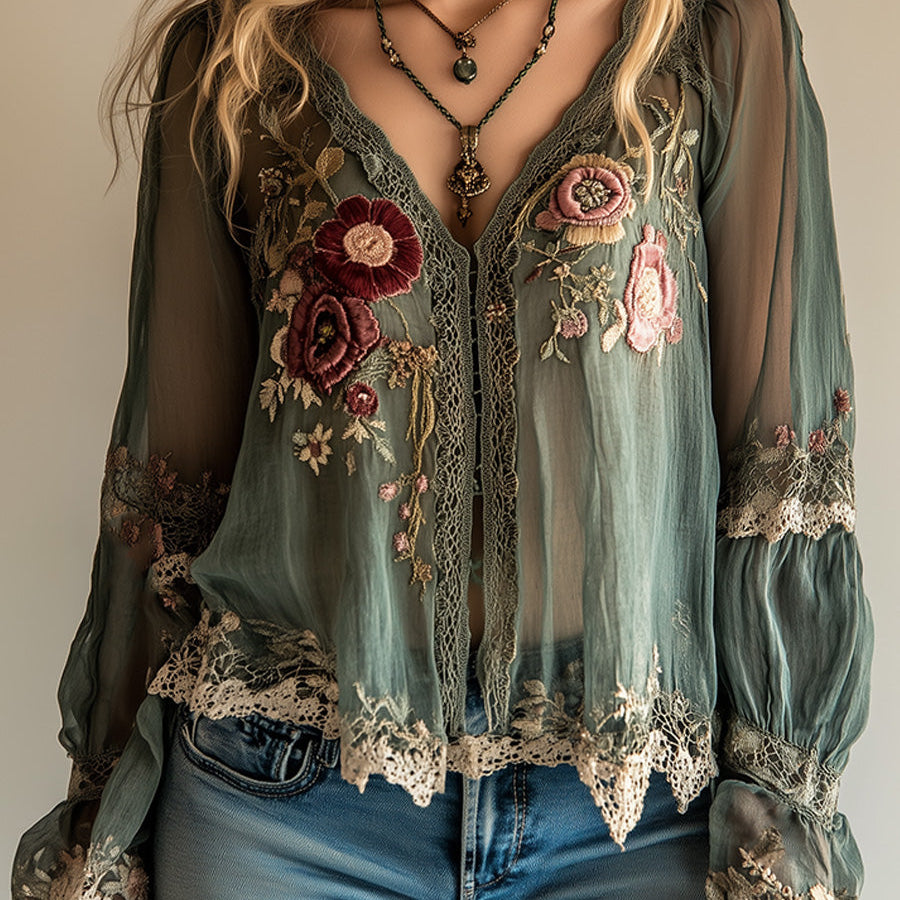 Bohemian Vintage Green Embroidered Shirt
