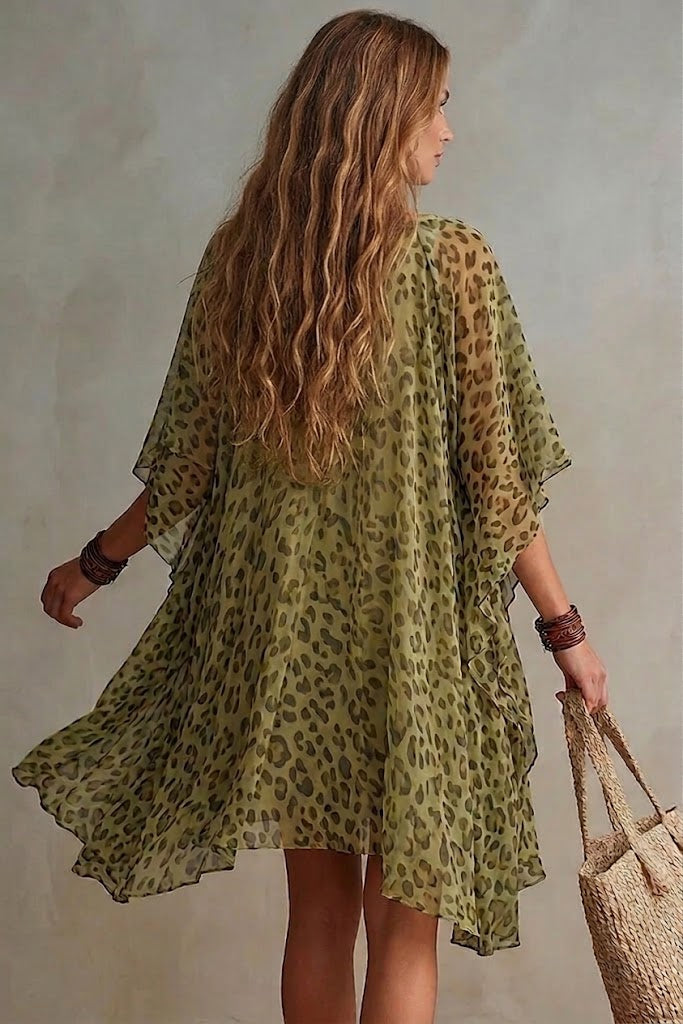 Bianca • Leopard print chiffon dress with a loose, flowing silhouette, V-neck