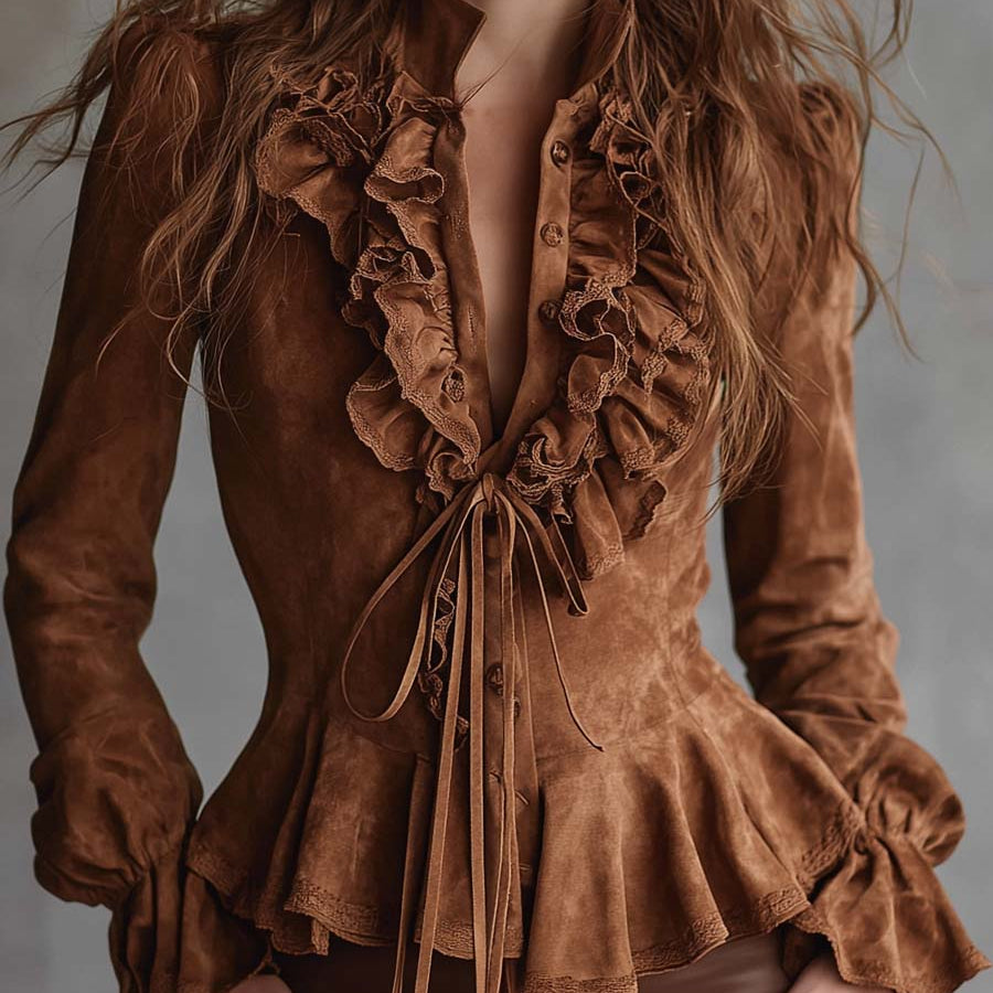 Vintage Caramel Eco-Suede Ruffle Blouse With Lace Trim
