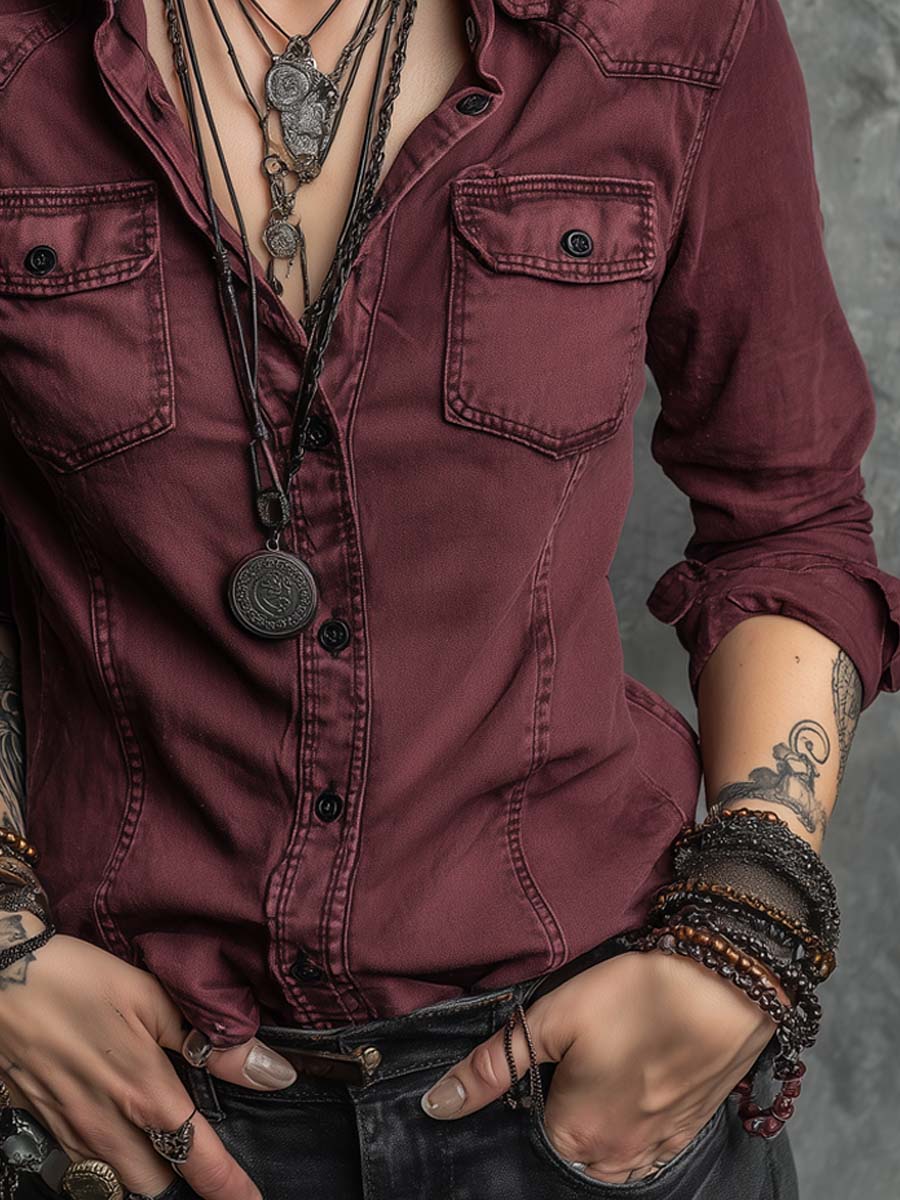 Retro Flap Chest Pocket Long-Sleeve Denim Blouse