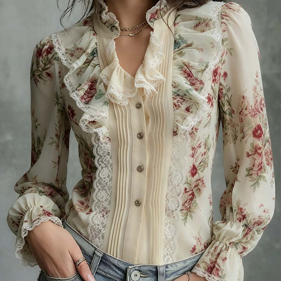Vintage Oil-Painting Lace And Floral Chiffon Blouse