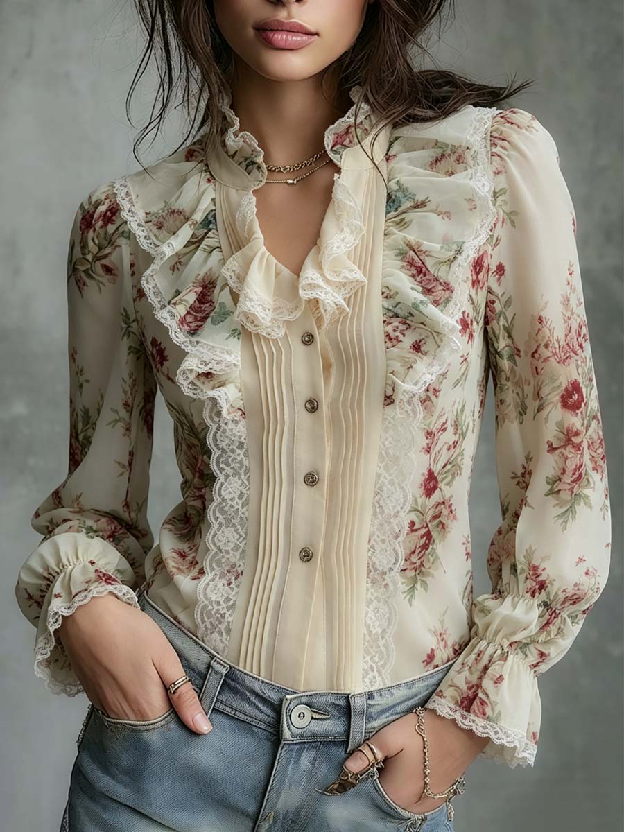 Vintage Oil-Painting Lace And Floral Chiffon Blouse