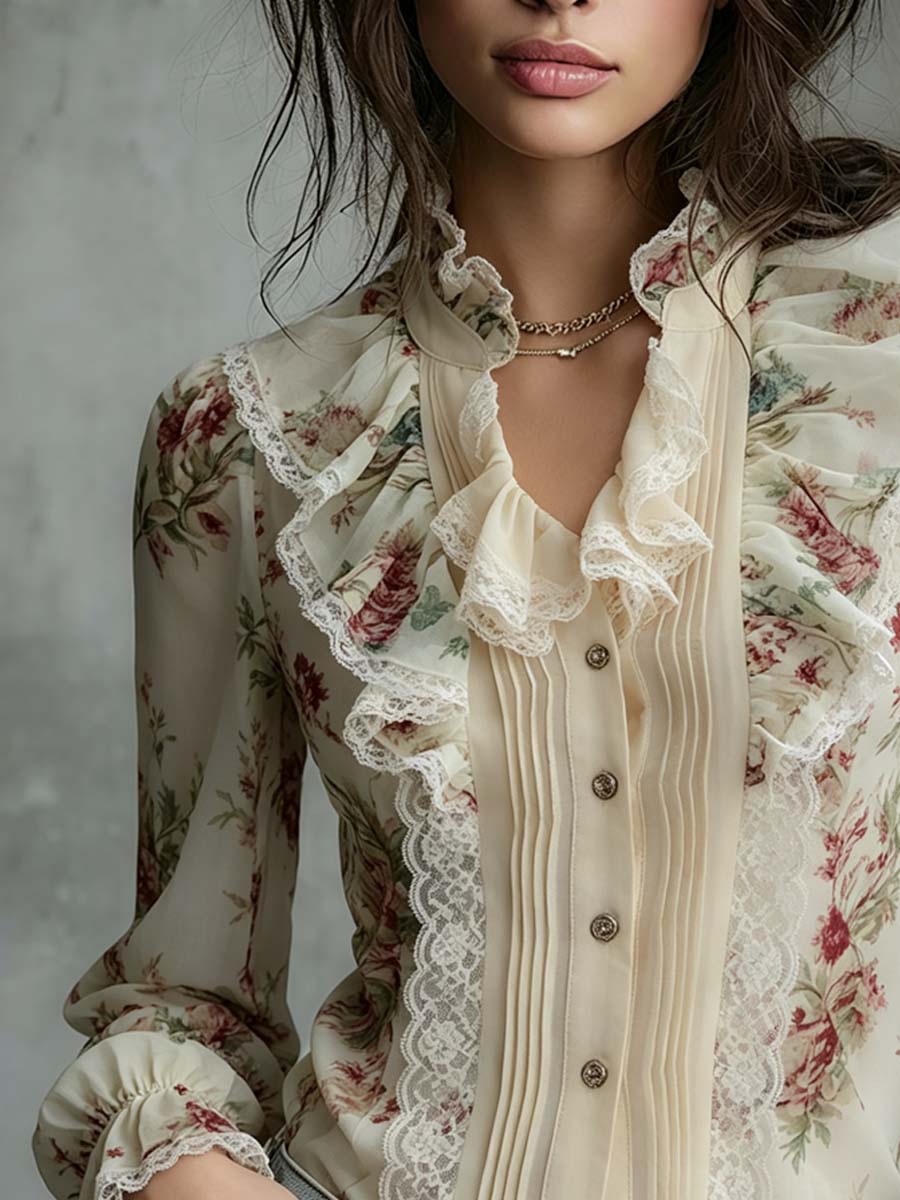 Vintage Oil-Painting Lace And Floral Chiffon Blouse
