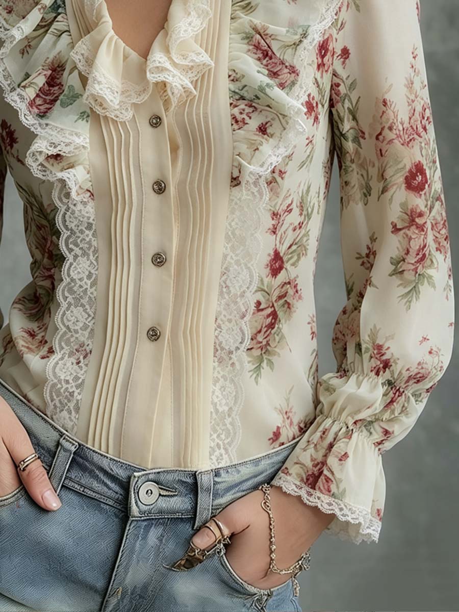 Vintage Oil-Painting Lace And Floral Chiffon Blouse