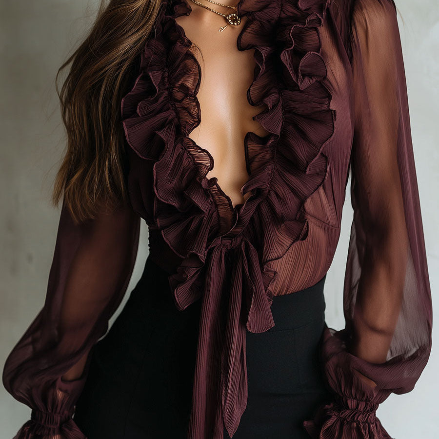 Retro Plum Sheer Ruffled Tie-Front Chiffon Blouse