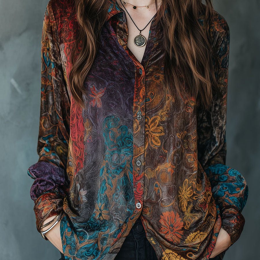 Boho Floral Print Velvet Long Sleeve Button Down Shirt