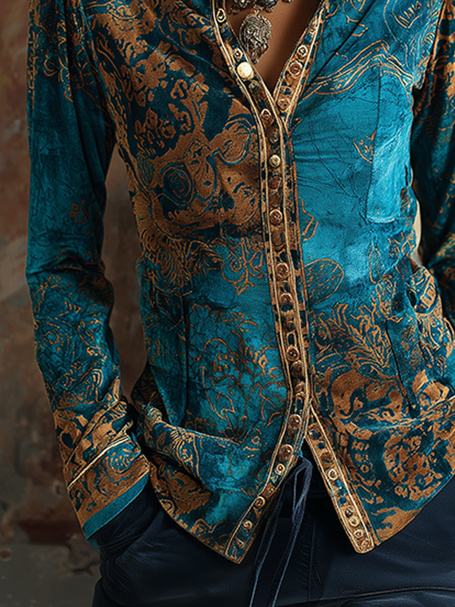 Boho-Chic Vintage Peacock Blue Velvet Golden Print Fitted Blouse