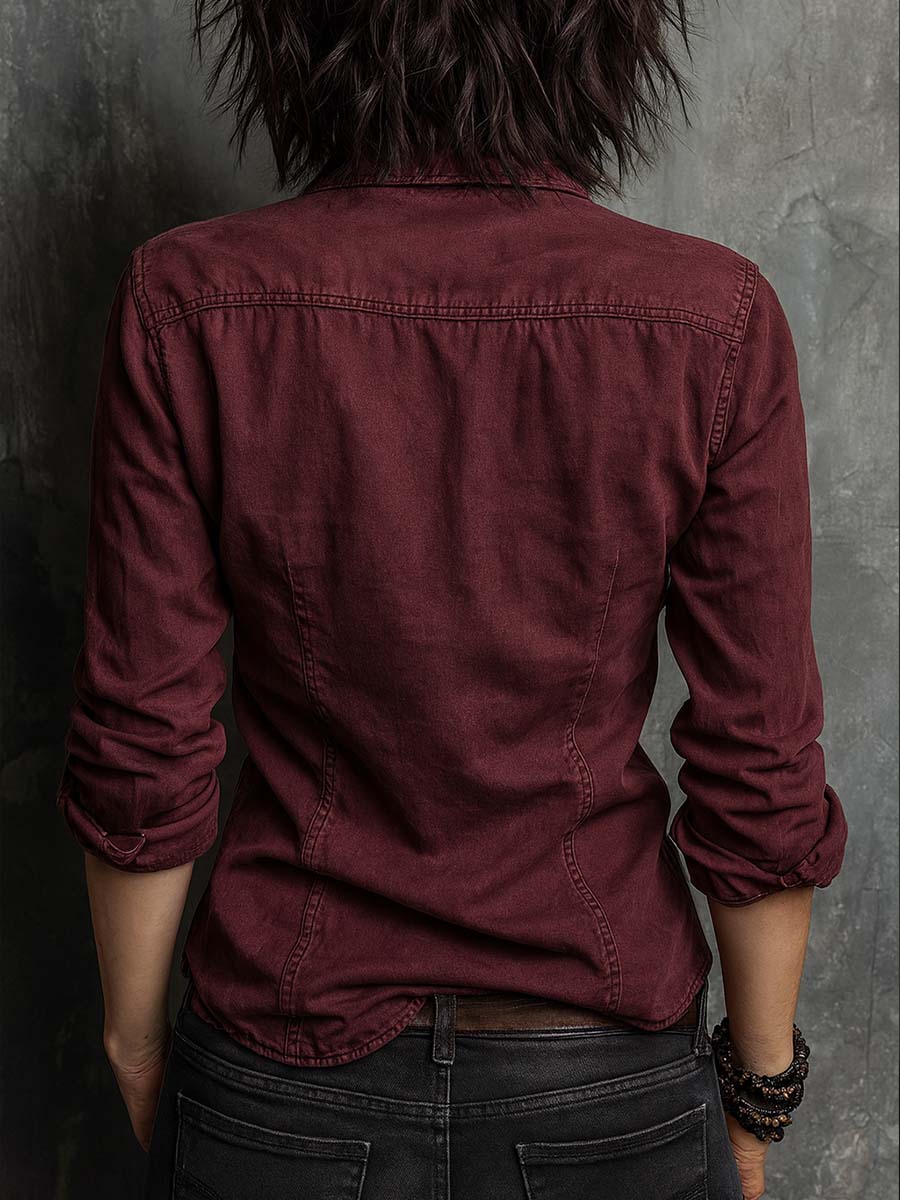 Retro Flap Chest Pocket Long-Sleeve Denim Blouse