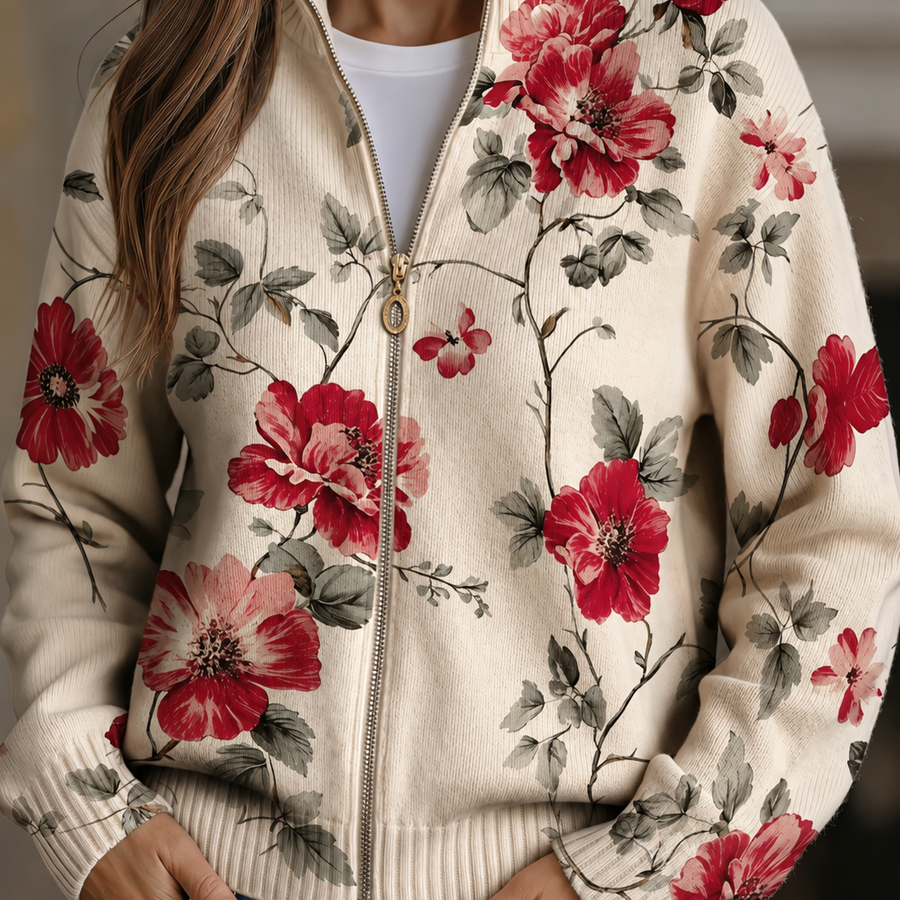Wilhelmine™ | Vintage Rose Print Zip Cardigan
