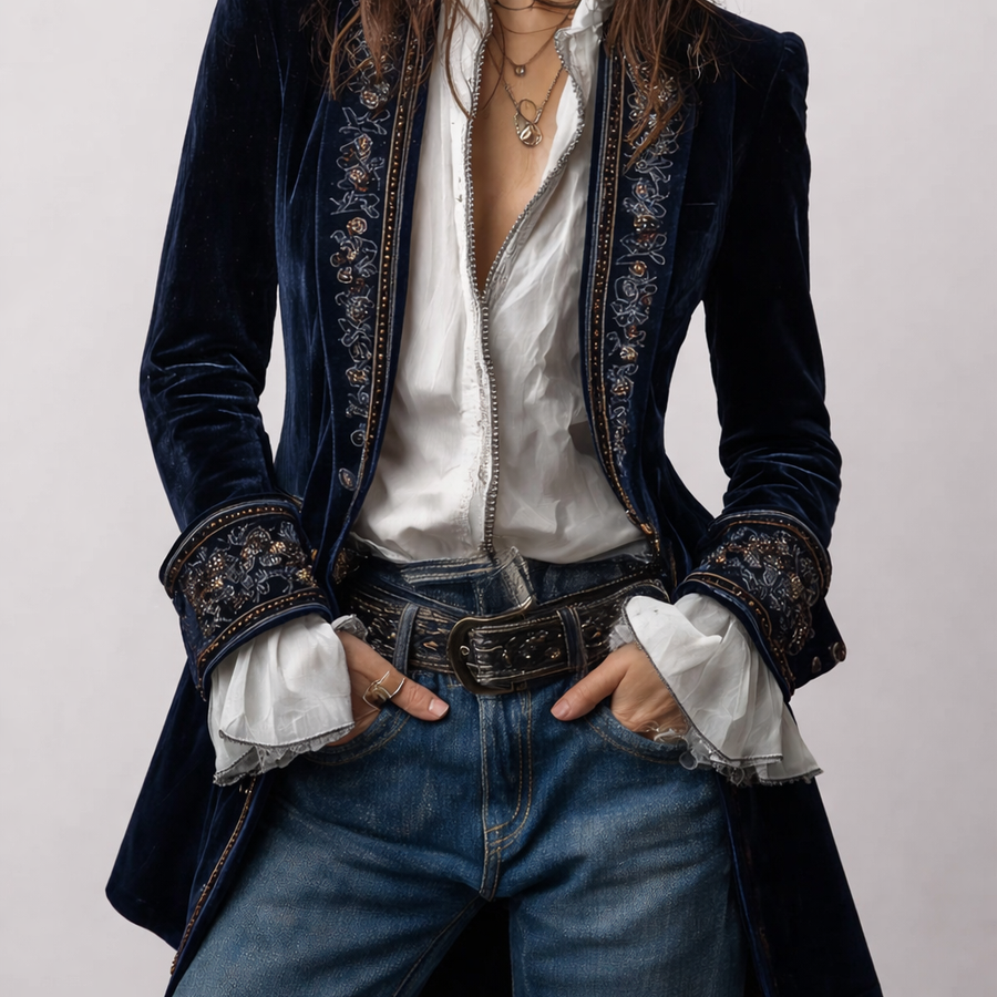 Erica | Long Vintage Velvet Jacket with Embroidery