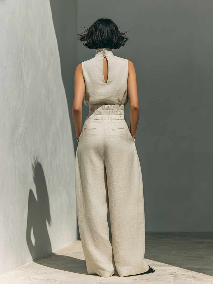 Maria | Linen Set with High-Neck Top and Wide-Leg Trousers