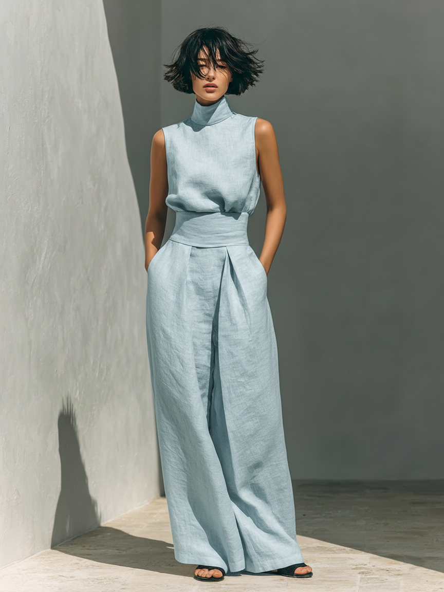 Maria | Linen Set with High-Neck Top and Wide-Leg Trousers