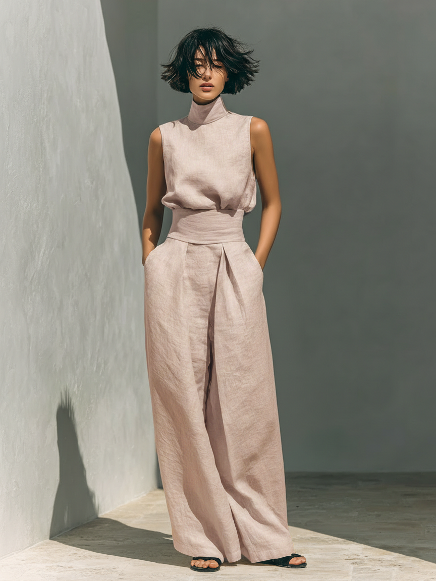 Maria | Linen Set with High-Neck Top and Wide-Leg Trousers
