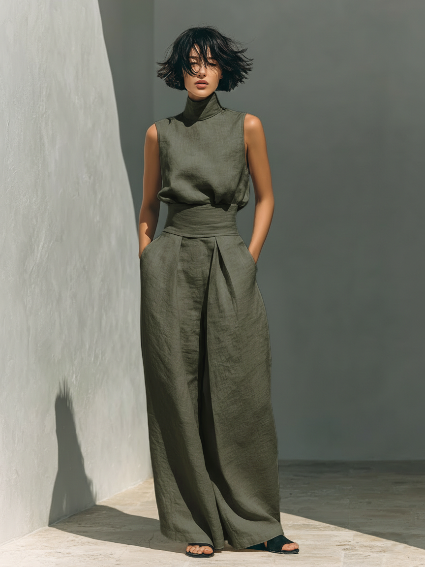 Maria | Linen Set with High-Neck Top and Wide-Leg Trousers