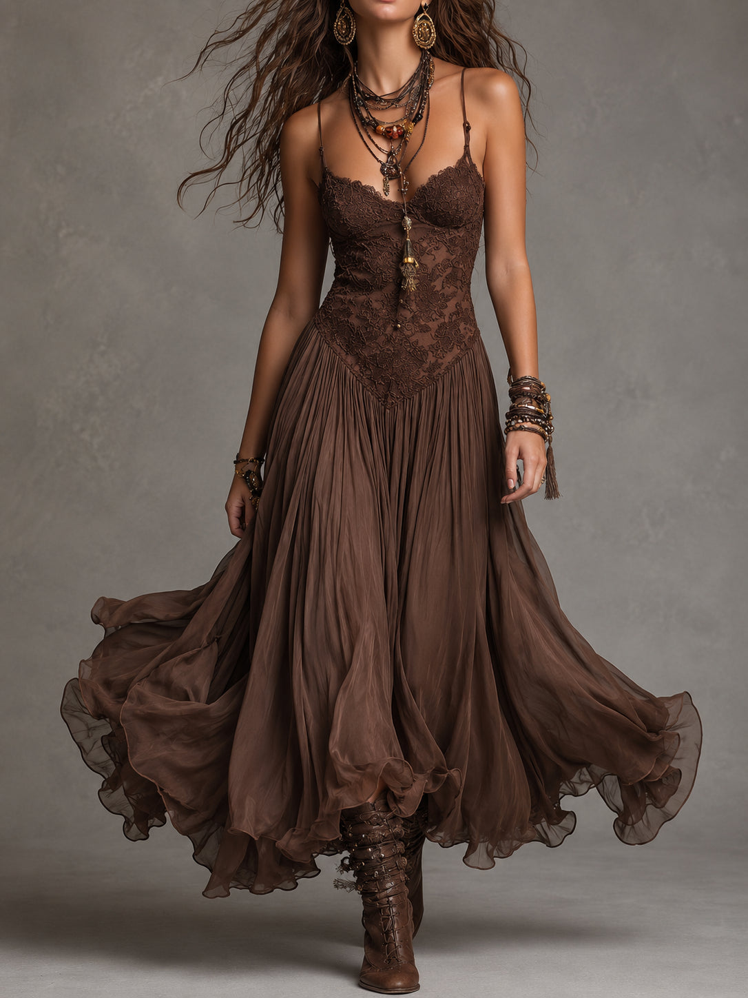 Maren | Chocolate Lace-Panelled Maxi Dress