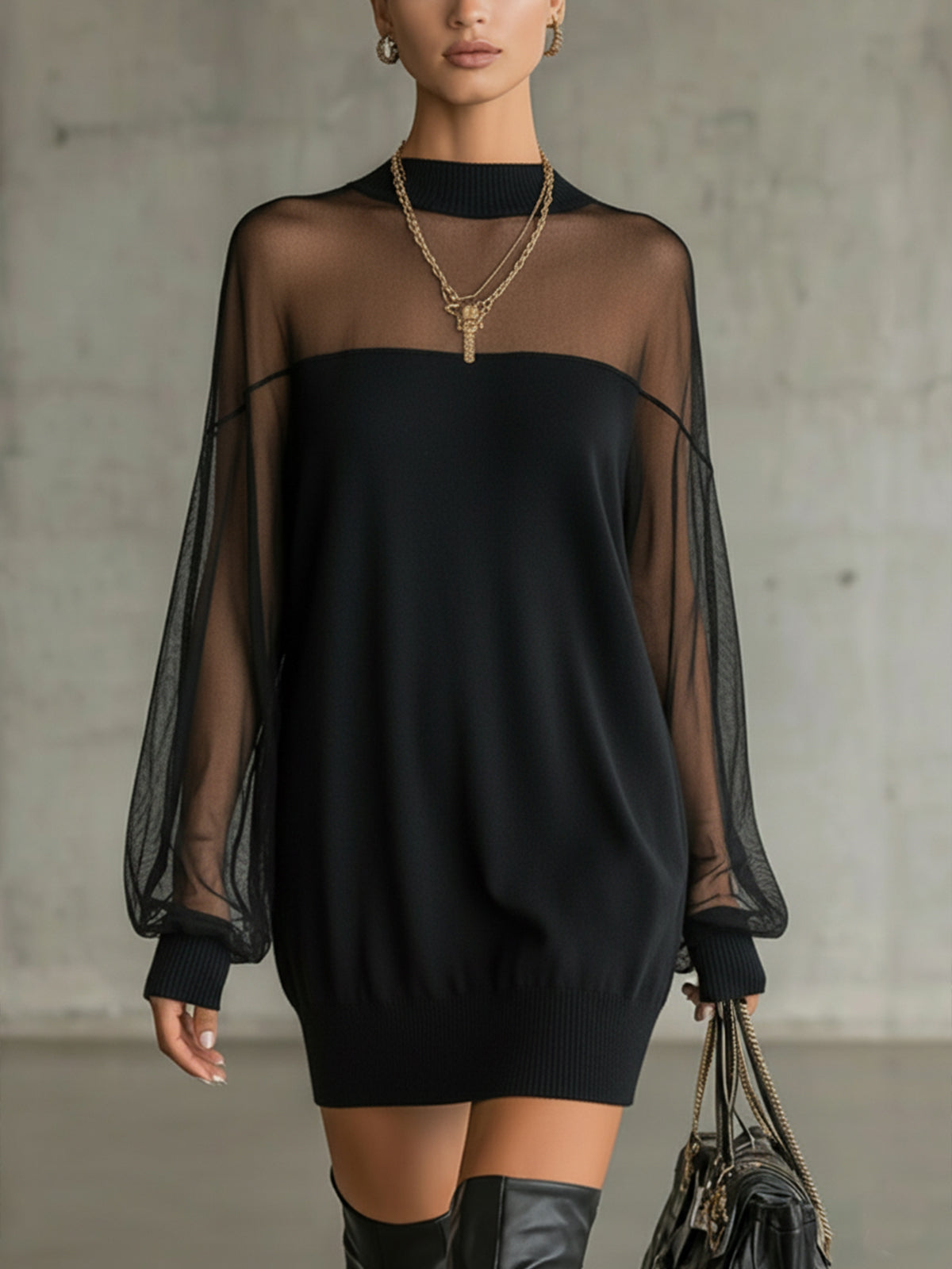 Amélie | Black Mini Dress with Mesh Sleeves
