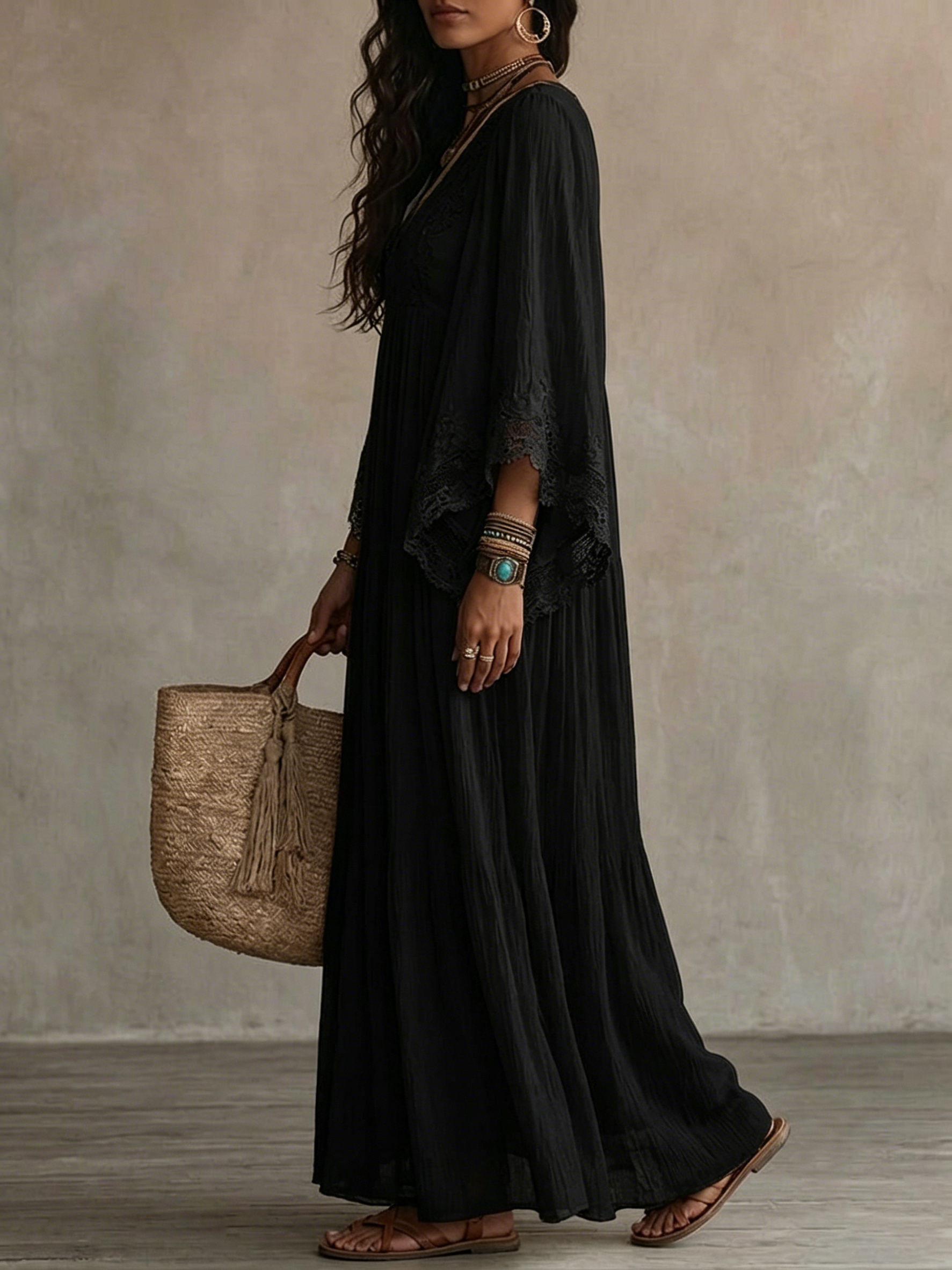 Vivienne | Black Lace Batwing Maxi Dress