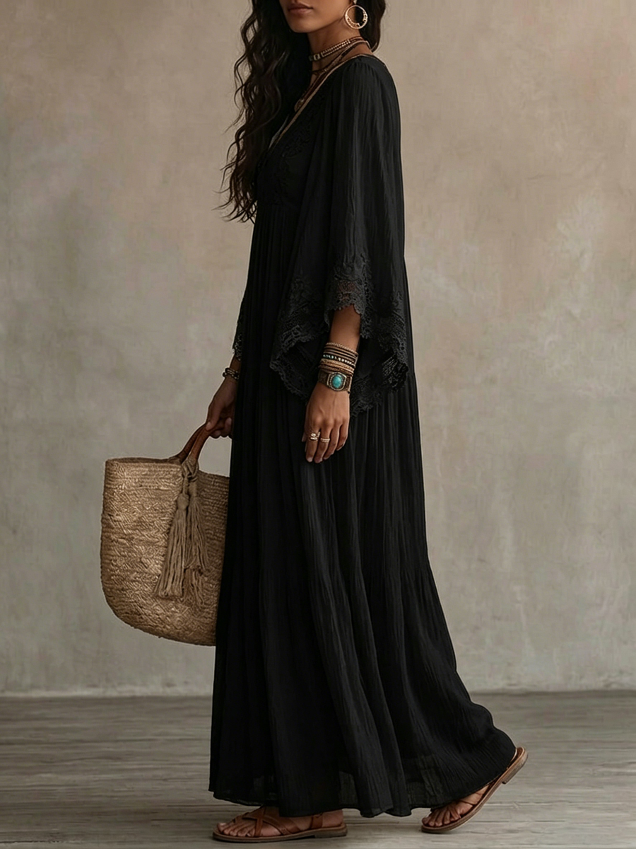Vivienne | Black Lace Batwing Maxi Dress