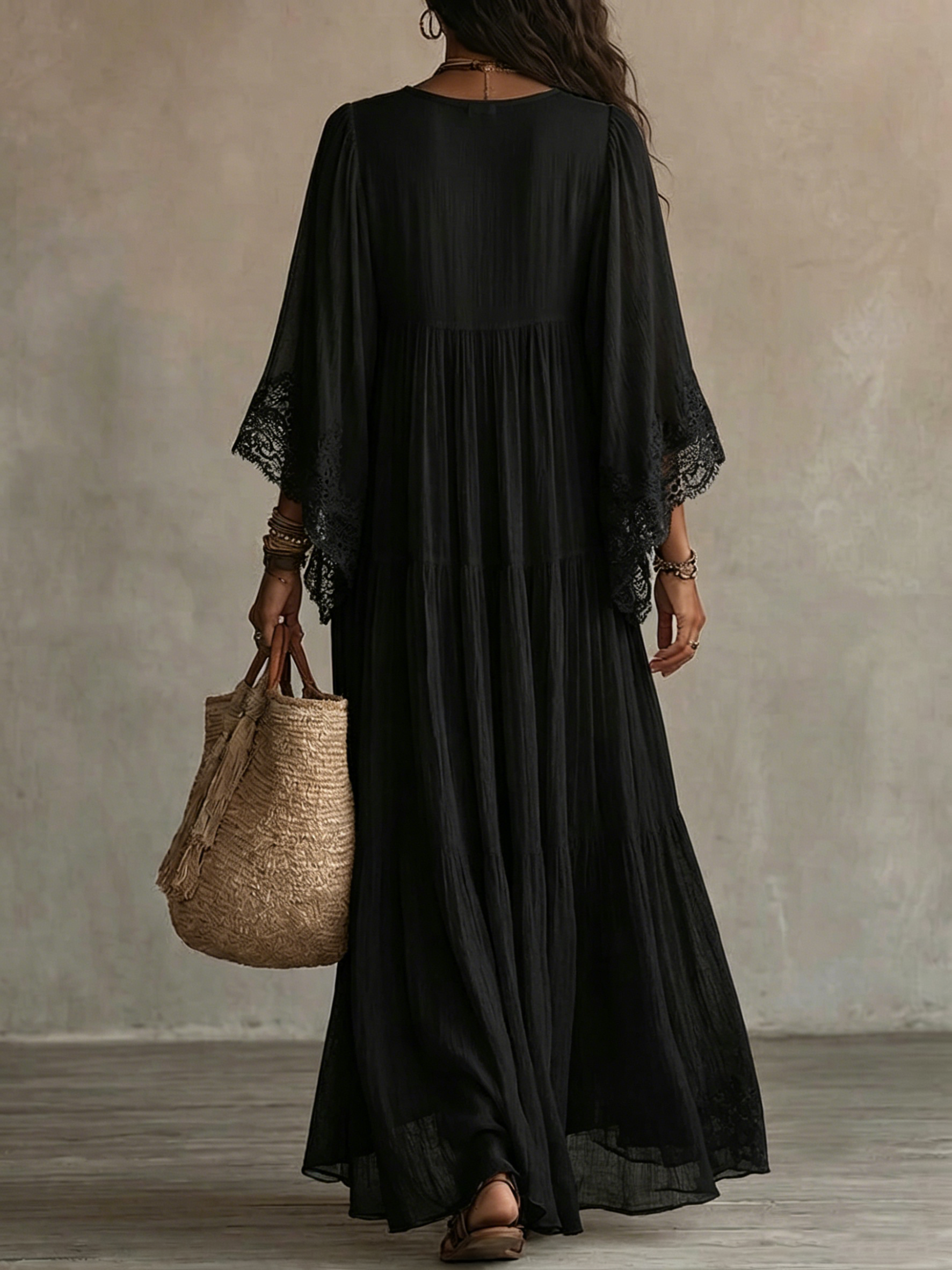 Vivienne | Black Lace Batwing Maxi Dress