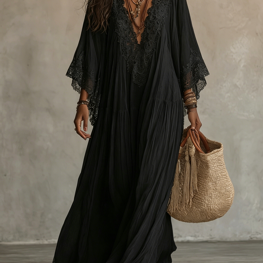 Vivienne | Black Lace Batwing Maxi Dress