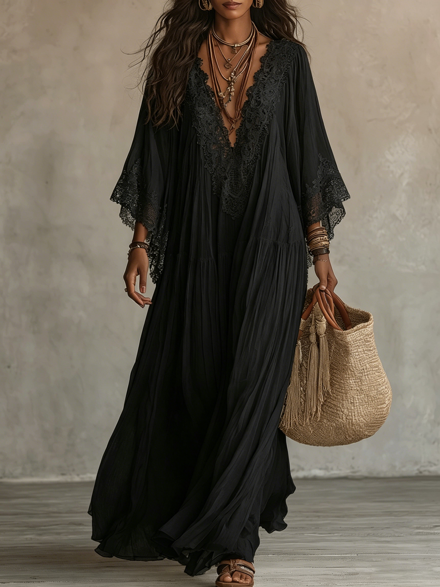Vivienne | Black Lace Batwing Maxi Dress