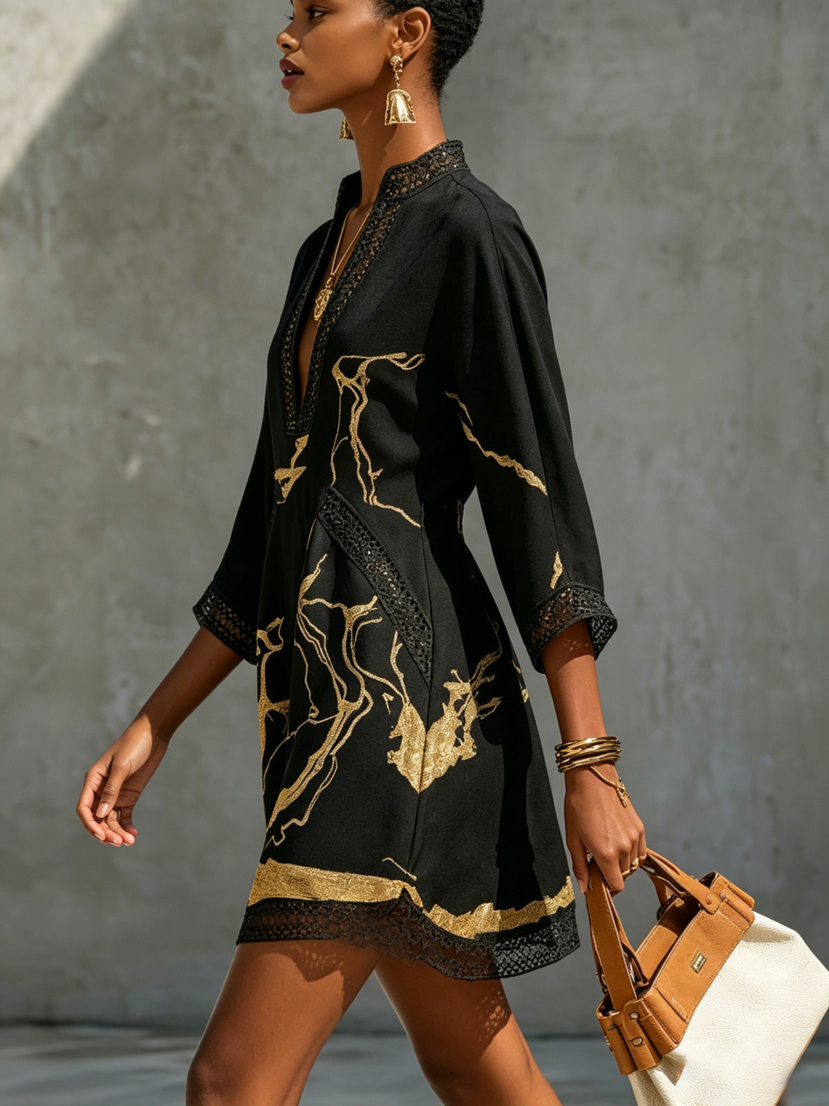 Odile | Gold Print Crochet Lace Dress