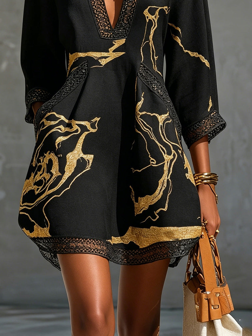 Odile | Gold Print Crochet Lace Dress