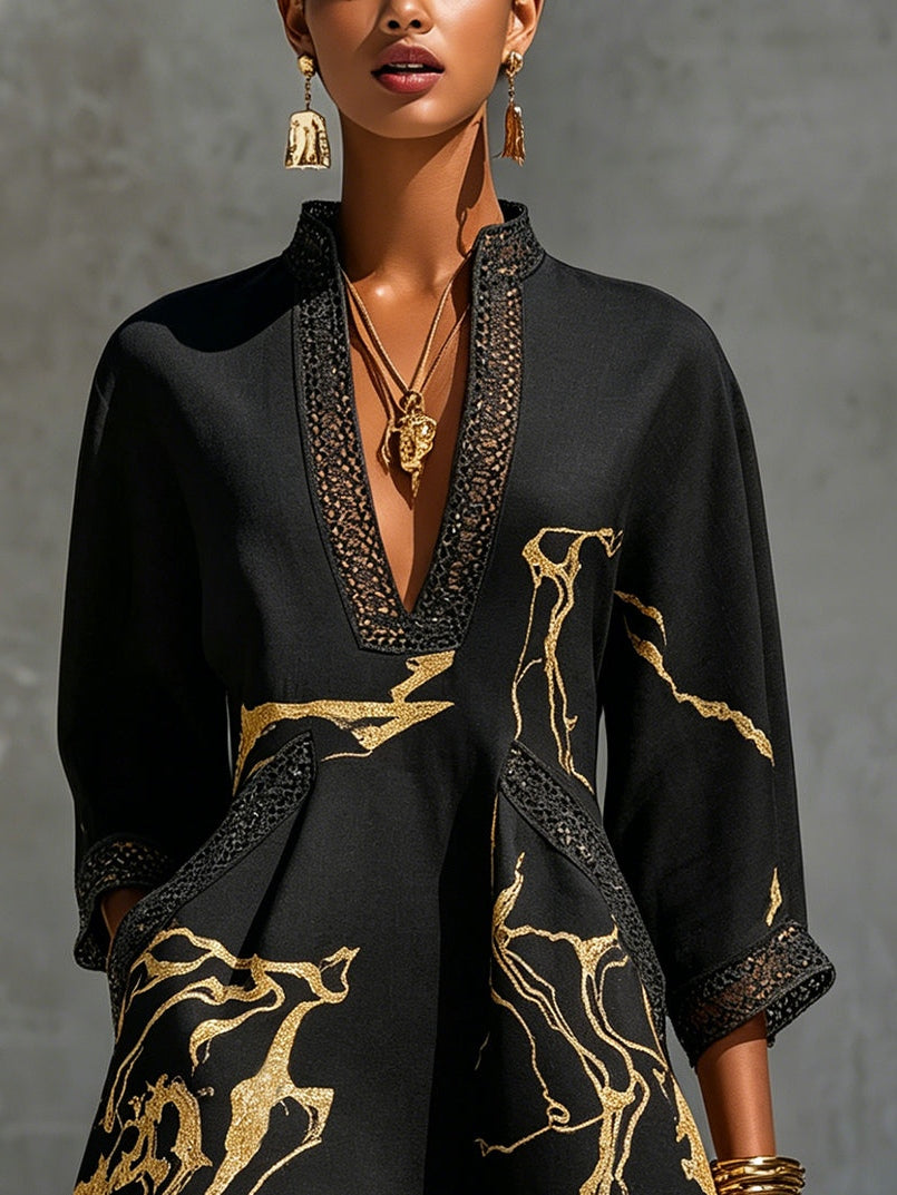 Odile | Gold Print Crochet Lace Dress