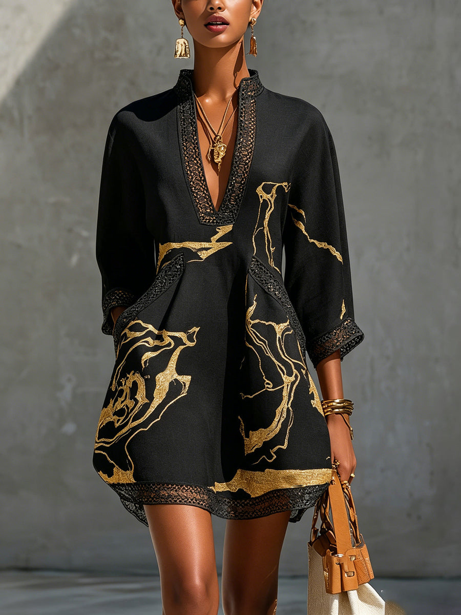 Odile | Gold Print Crochet Lace Dress