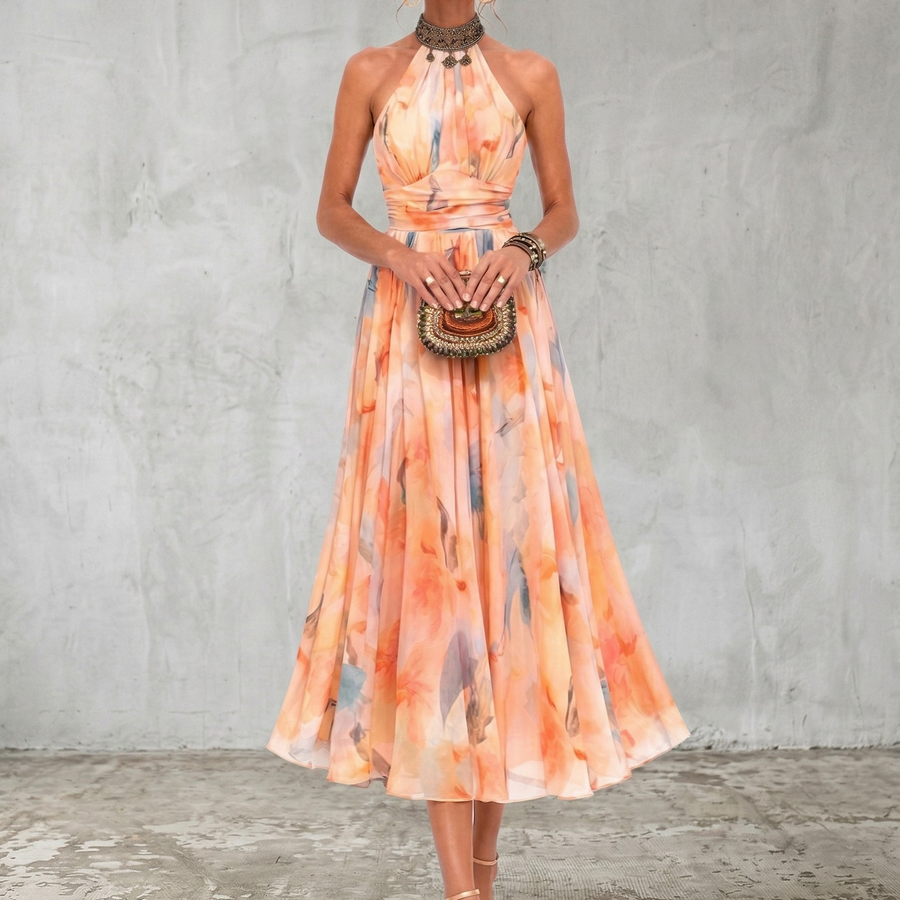 Aurora | Halter Neck Dress with Watercolour Print