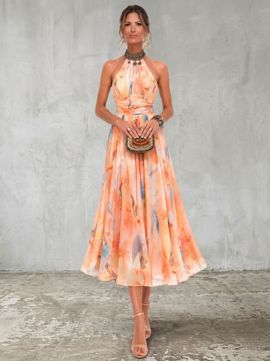 Aurora | Halter Neck Dress with Watercolour Print