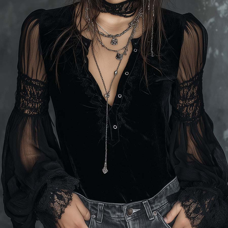 Vintage Henley Collar Sheer Sleeves Lace Trim Polyester Velvet Blouse