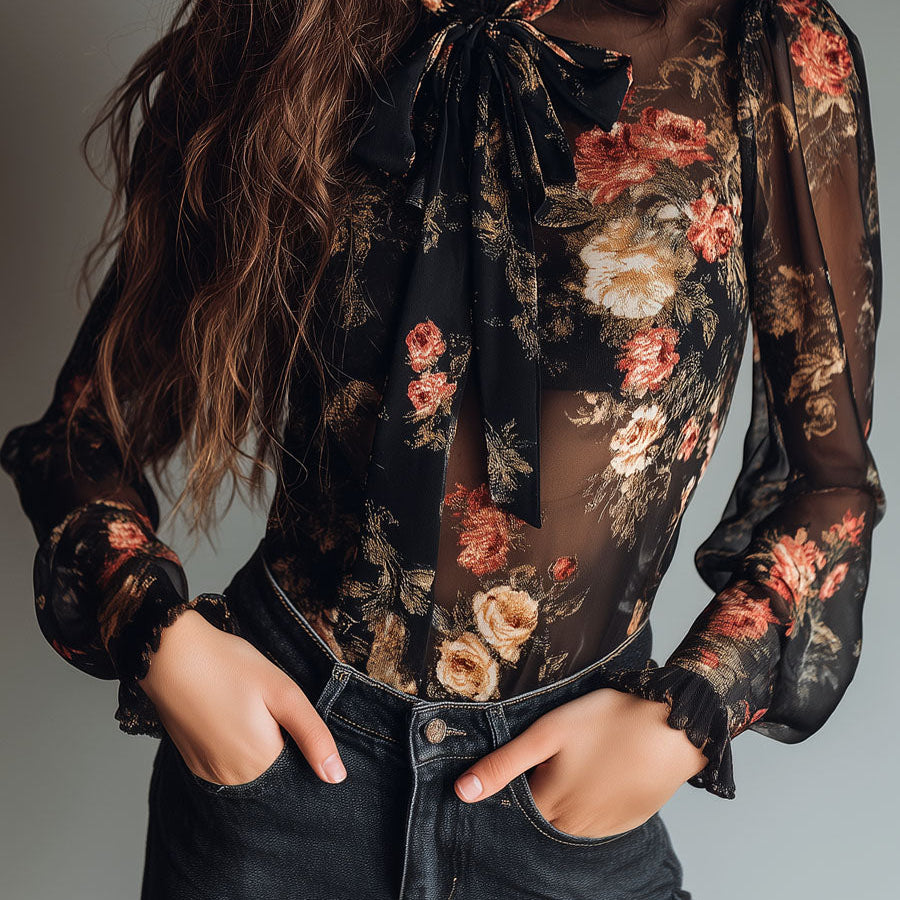 Vintage Black Sheer Chiffon Floral Tie Neck Blouse