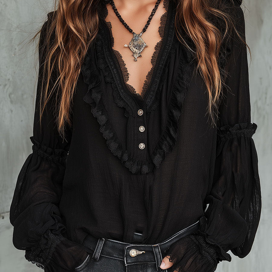 Vintage Black Ruffle Long Sleeve Blouse With Lace Trim