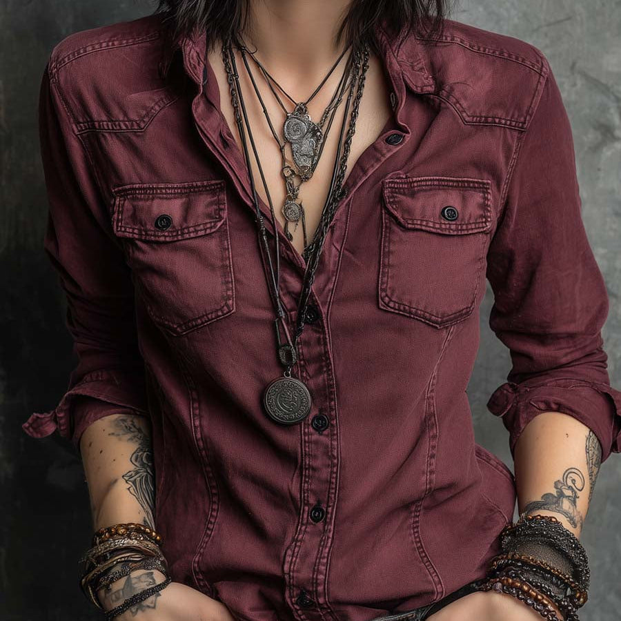Retro Flap Chest Pocket Long-Sleeve Denim Blouse