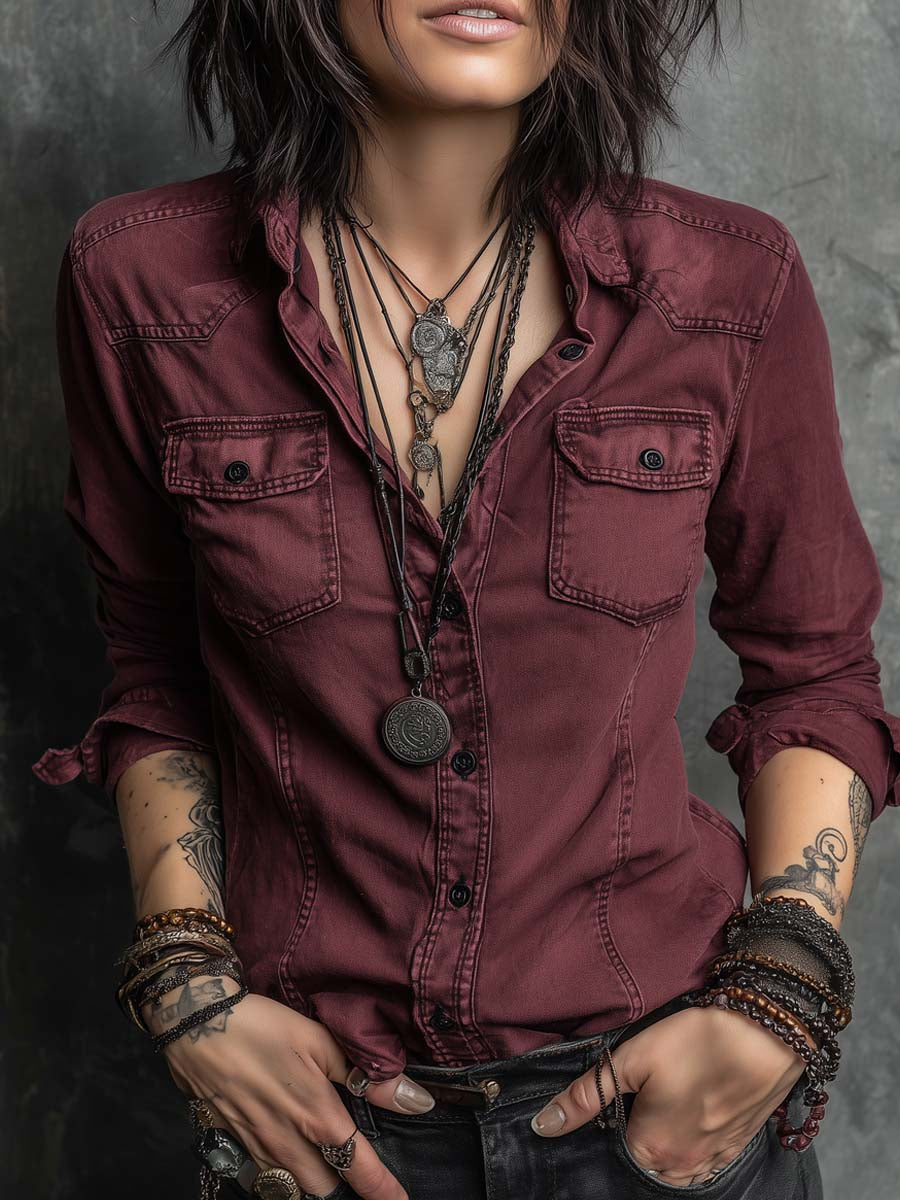 Retro Flap Chest Pocket Long-Sleeve Denim Blouse