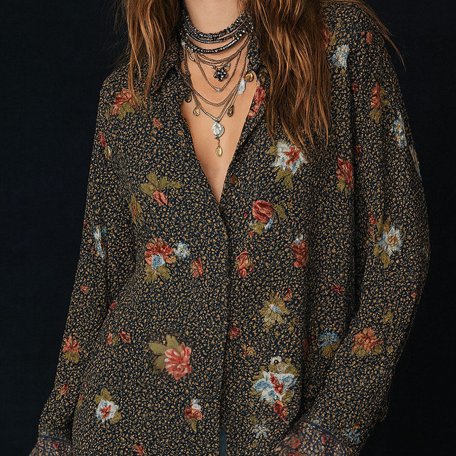 Retro Floral Print Curved Hem Ruffled Sleeves Blouse