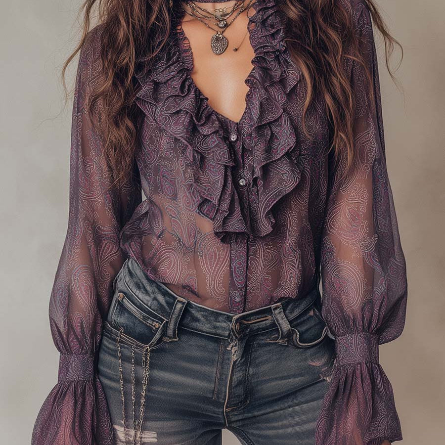 Vintage Paisley Print Ruffled Collar Chiffon Blouse