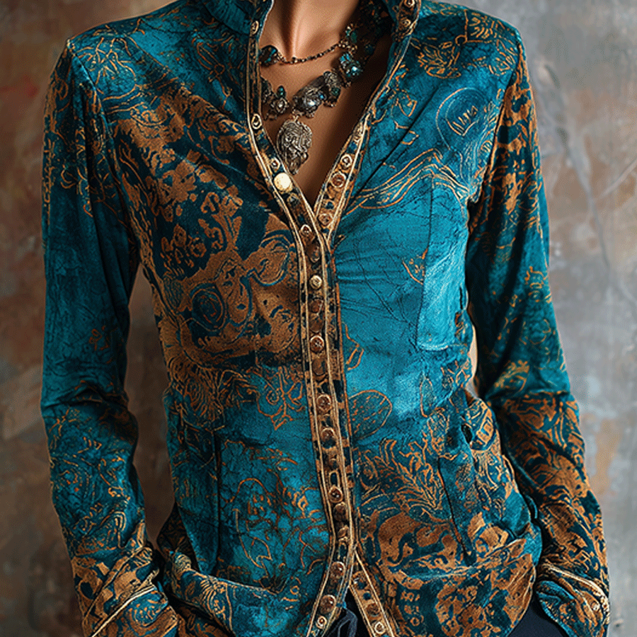 Boho-Chic Vintage Peacock Blue Velvet Golden Print Fitted Blouse