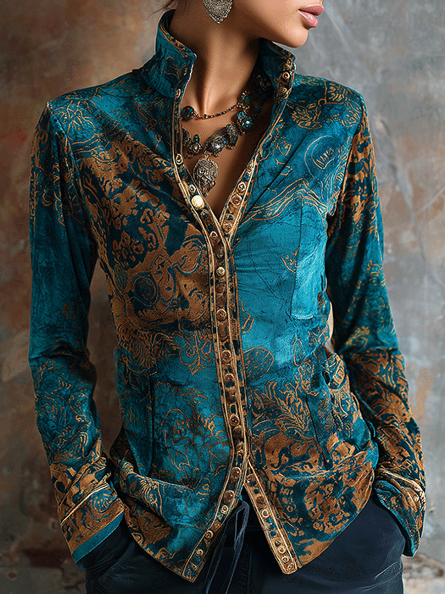 Boho-Chic Vintage Peacock Blue Velvet Golden Print Fitted Blouse