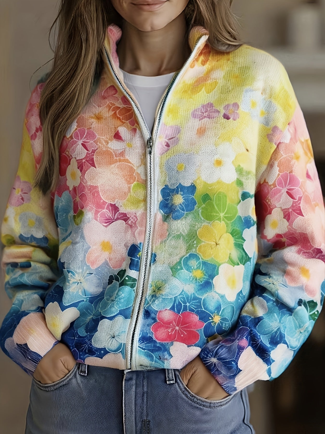 Augusta™ | Watercolour Floral Ombre Zip Cardigan