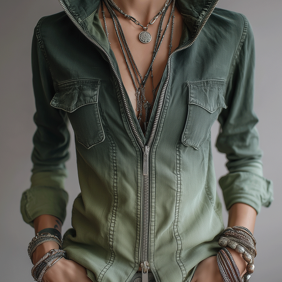 Casual Green Gradient Workwear Pocket Denim Zip-Up Blouse