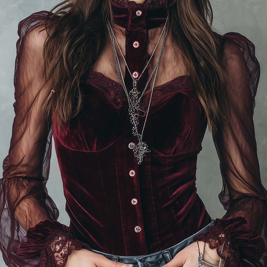 Retro Sheer Sleeves Polyester Velvet Blouse