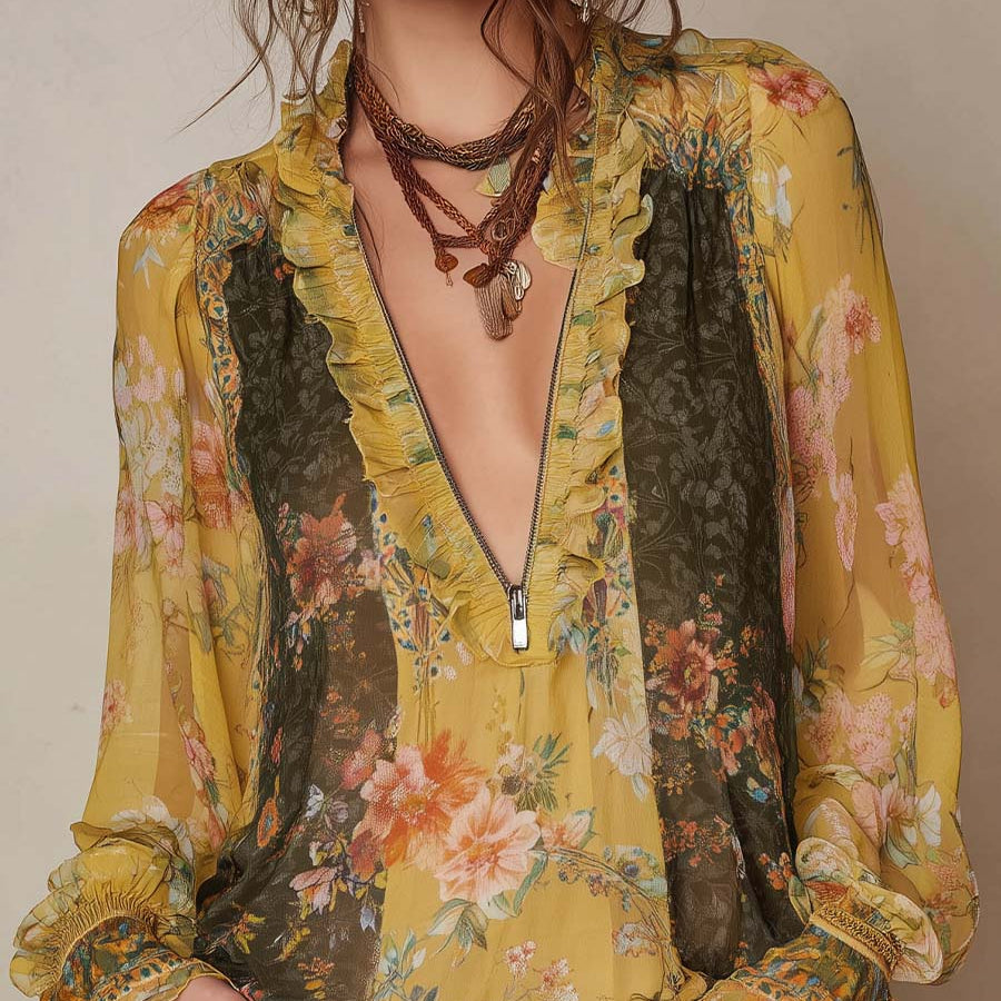 Zip-Front Ruffled Floral Chiffon Blouse