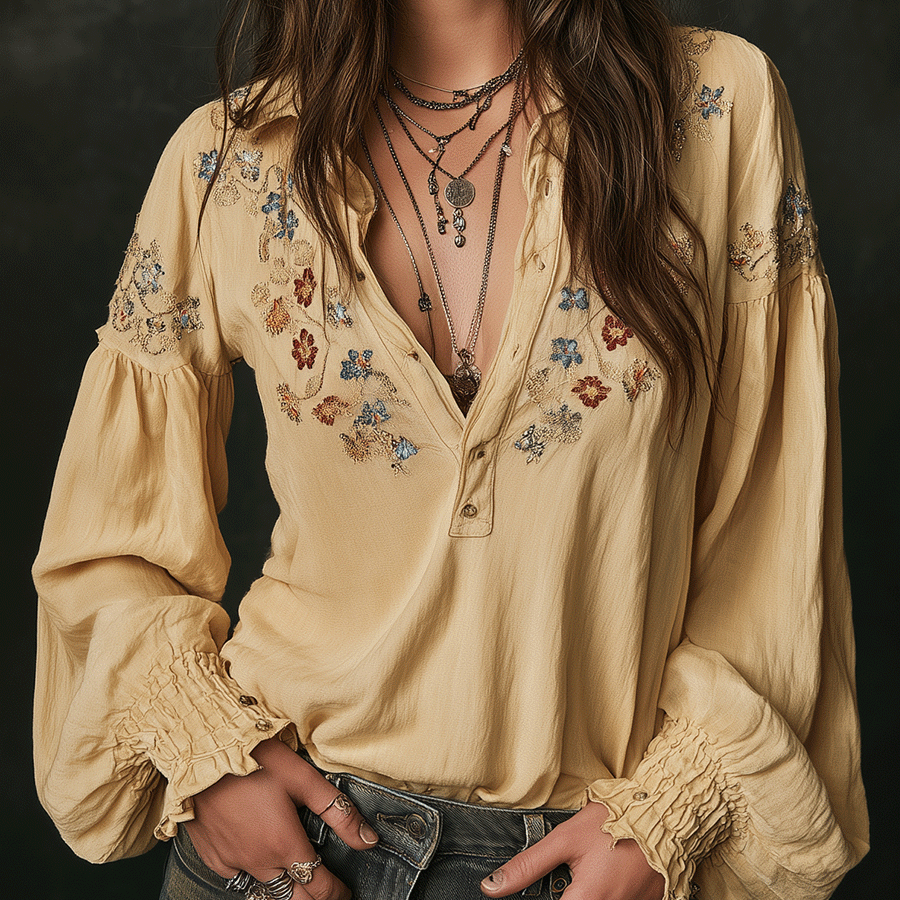 Casual Yellow Floral Embroidered Cotton Shirt